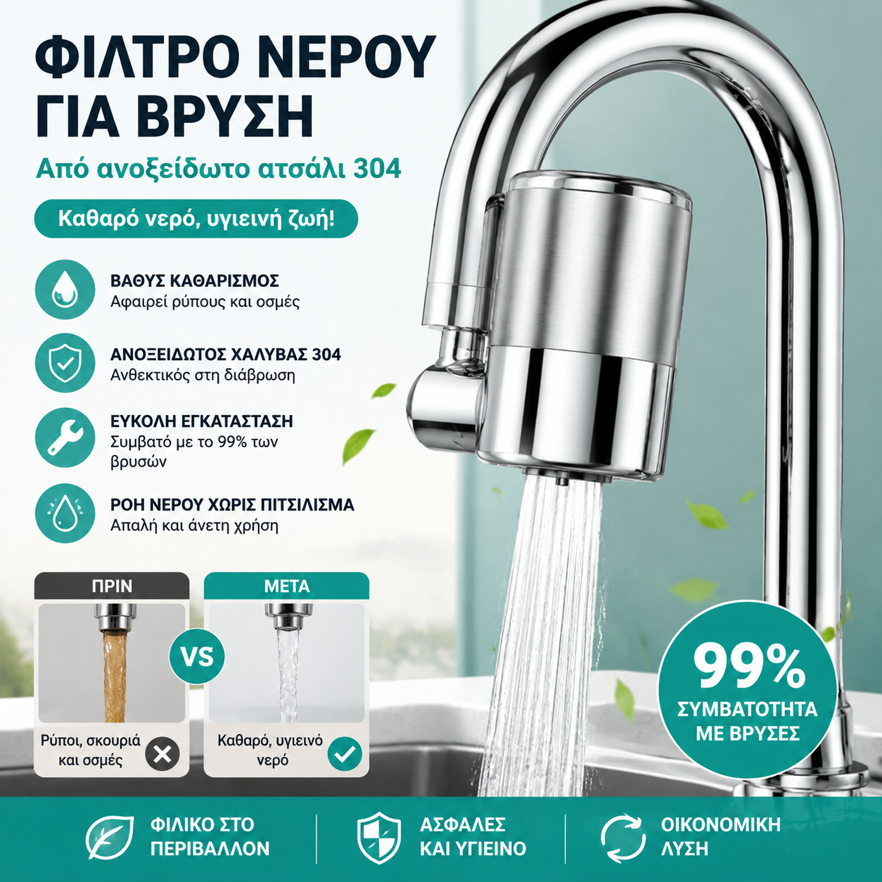 💧✨ Φίλτρο νερού βρύσης από ανοξείδωτο ατσάλι 304 | Βαθύς καθαρισμός, αφαιρεί ιζήματα και οσμές, γρήγορη εγκατάσταση συμβατή με το 99% των βρυσών 🚰
