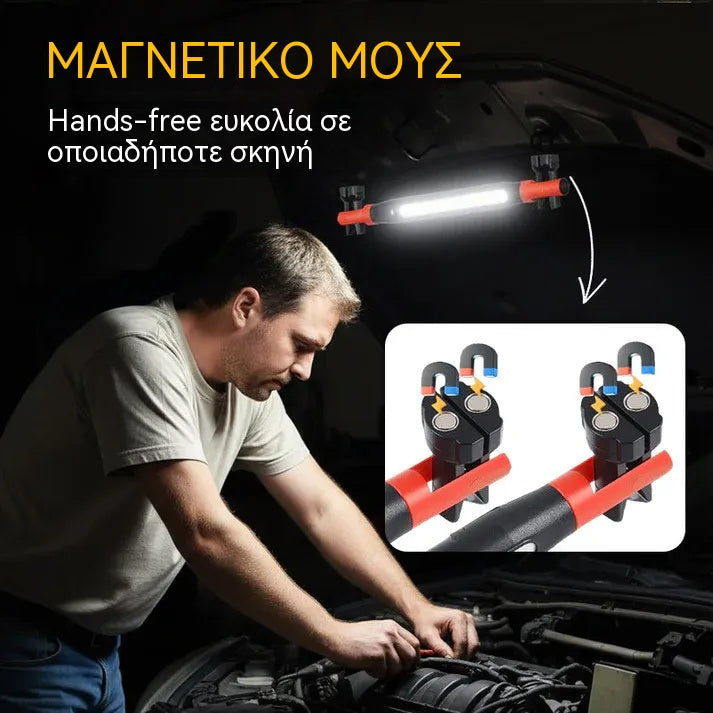 📢💡 Επαναφορτιζόμενος φακός εργασίας 4 σε 1: hands-free, οπουδήποτε.