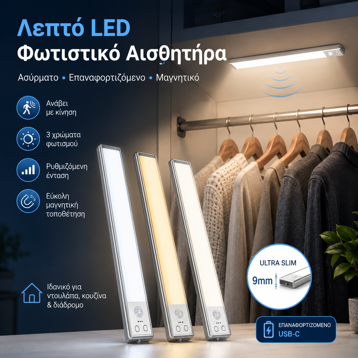 ✨🔥Έκπτωση 3 χρωμάτων✨🔥Έξυπνα μαγνητικά επαναφορτιζόμενα φώτα LED με αισθητήρα χωρίς διάτρηση💡