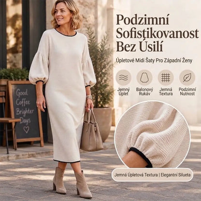 Dámske pletené midi šaty s textúrovaným povrchom a naberanými rukávmi