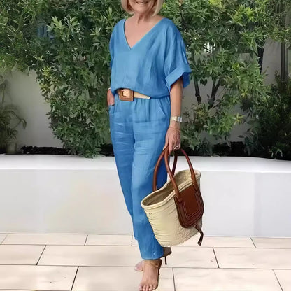 【S-5XL】Elegantný dámsky komplet z ľanu a bavlny: voľná blúza s výstrihom do V a dlhé nohavice, mäkký, priedušný a príjemne chladivý materiál