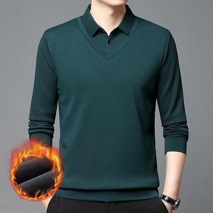 👔【M-4XL】Pánske tričko s dlhým rukávom a golierom polo – dvojvrstvový efekt, zimné, zateplené, hrubé, business-casual, teplé