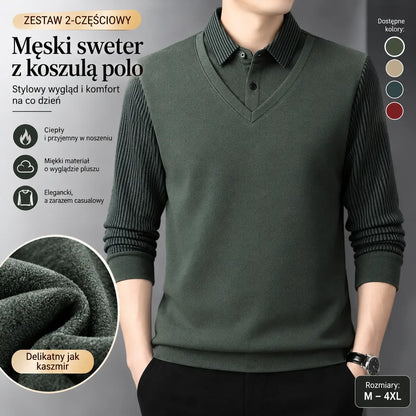 👔【M-4XL】Pánske tričko s dlhým rukávom a golierom polo – dvojvrstvový efekt, zimné, zateplené, hrubé, business-casual, teplé