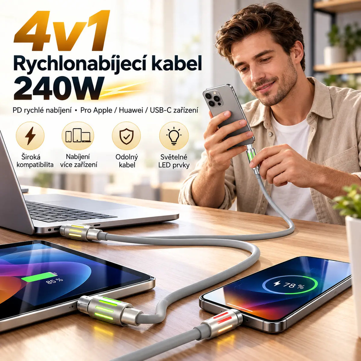 🔥2 kusy 530Kč🌈Jeden kábel, väčšie pohodlie! Multifunkčná nabíjačka s RGB osvetlením