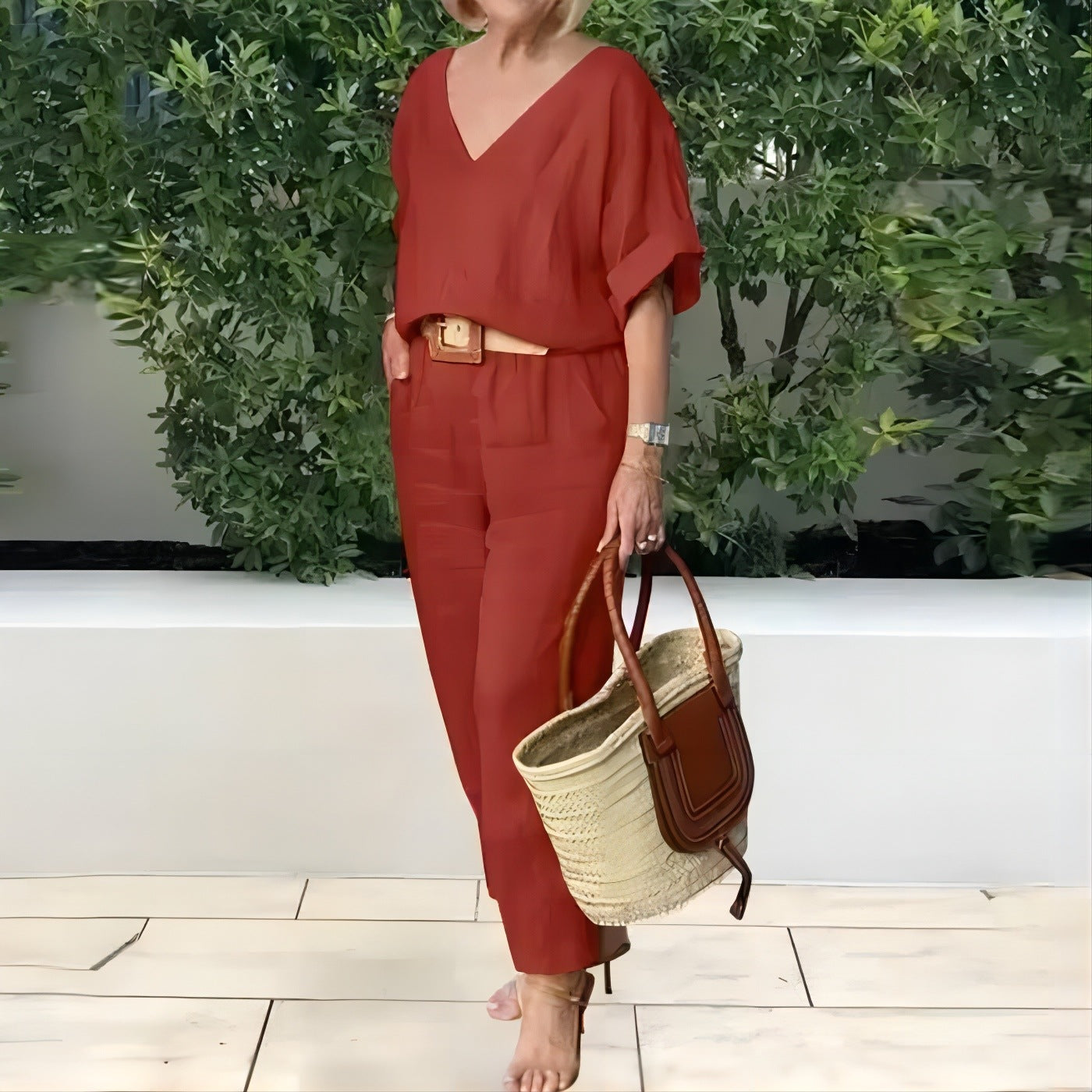 【S-5XL】Elegantný dámsky komplet z ľanu a bavlny: voľná blúza s výstrihom do V a dlhé nohavice, mäkký, priedušný a príjemne chladivý materiál