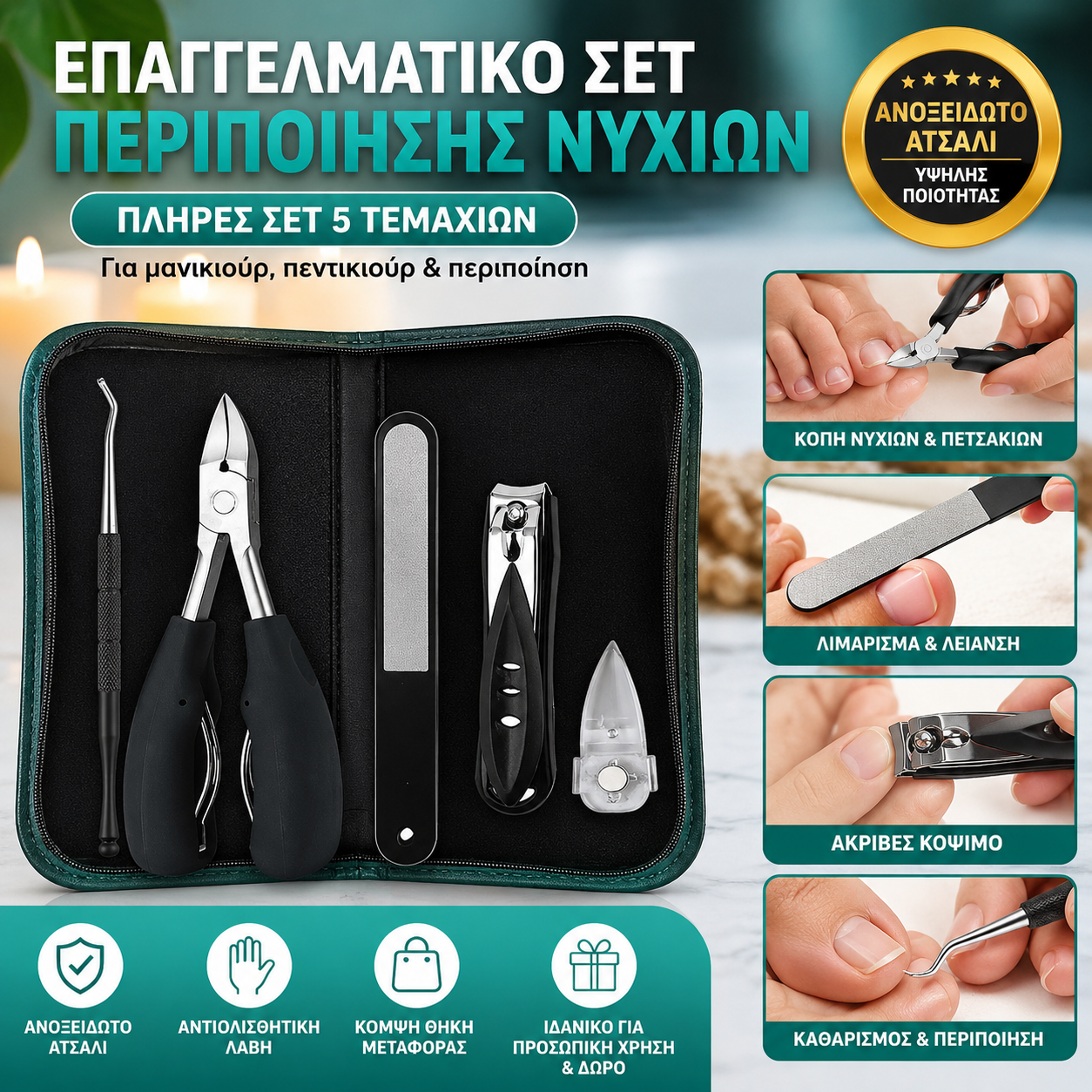 Επαγγελματικό σετ κοπής νυχιών, κατάλληλο για χοντρά νύχια και νύχια που γυρίζουν προς τα μέσα (σετ 5 τεμαχίων)