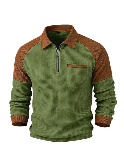 👕✨【1 kus, S–3XL】Pánska waffle mikina s golierom – moderný dizajn s manšestrovými detailmi na ramenách.
