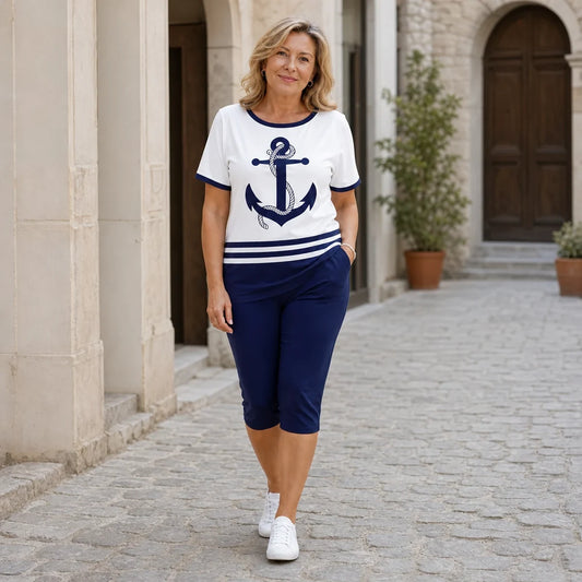 ⚓️ Καλοκαιρινό σετ 2 τεμαχίων για γυναίκες – Μπλούζα και σορτς με στάμπα άγκυρας, ναυτικό στυλ