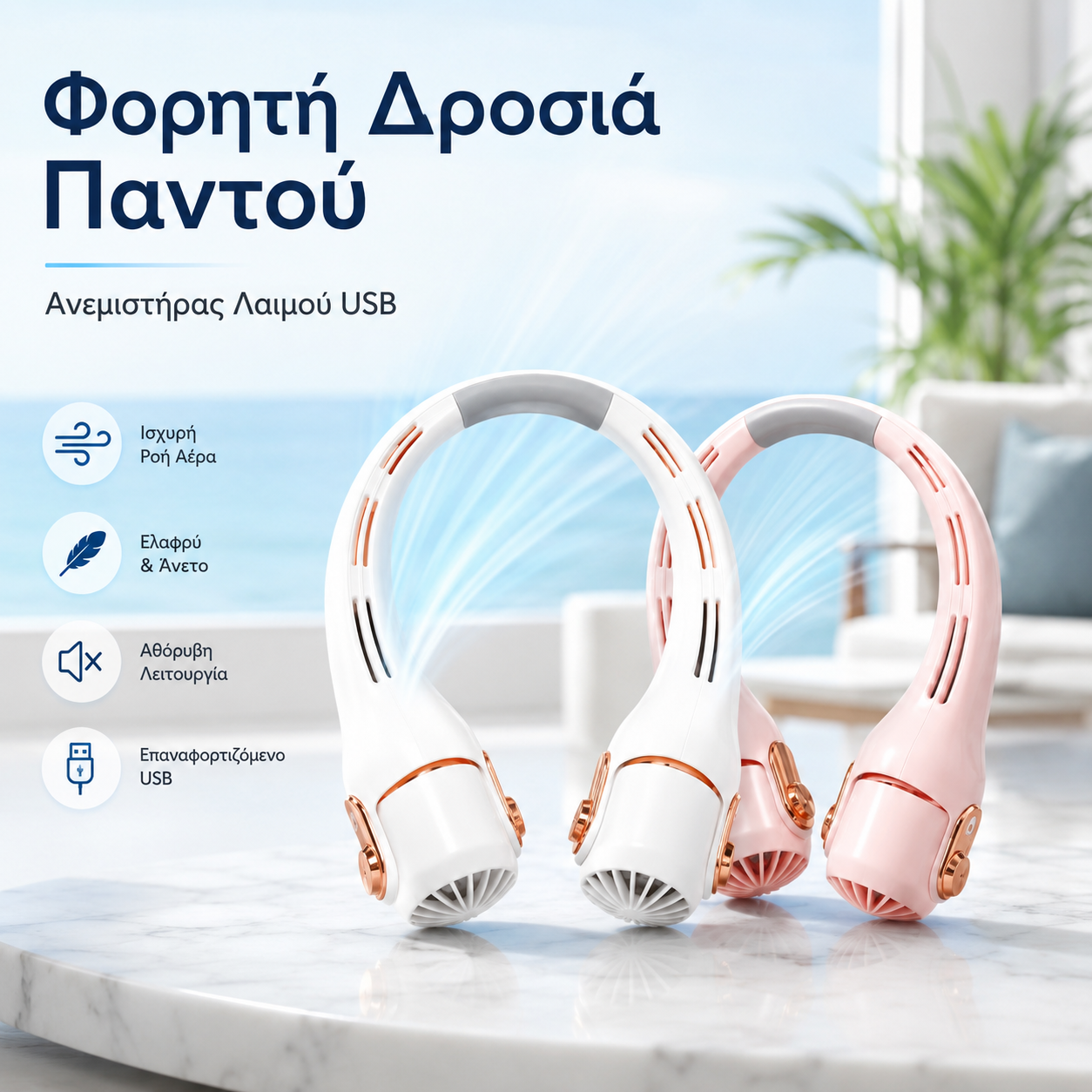 🔥❄️ Ανεμιστήρας κλιματισμού με στήριξη στο λαιμό – Εξαιρετικά αθόρυβος, φορητός και περιστρεφόμενος 360° – Ιδανικός για το καλοκαίρι 🌞