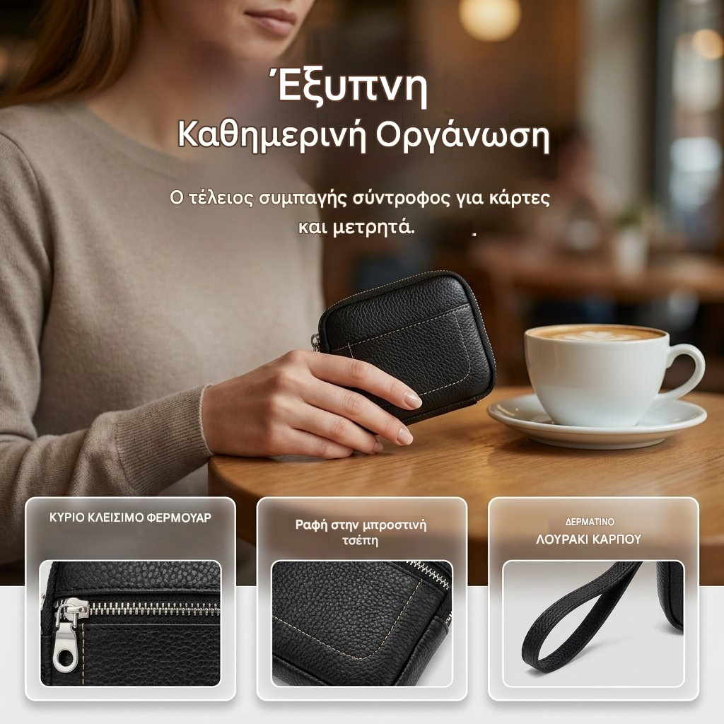 🌟 Μίνι τετράγωνη θήκη καρτών με φερμουάρ από γνήσιο δέρμα