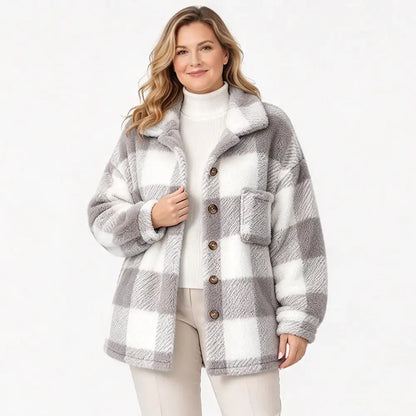 🧥【S–5XL】Dámský kostkovaný plyšový kabát z umělé srsti, volný střih, teplý kabát na podzim a zimu
