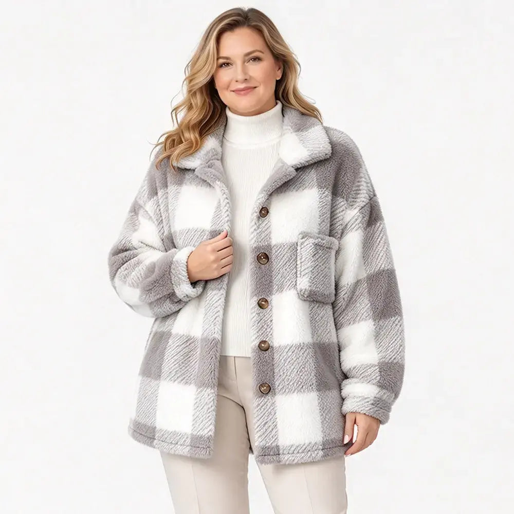 🧥【S–5XL】Dámský kostkovaný plyšový kabát z umělé srsti, volný střih, teplý kabát na podzim a zimu