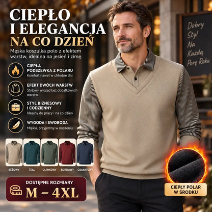 👔【M-4XL】Pánske tričko s dlhým rukávom a golierom polo – dvojvrstvový efekt, zimné, zateplené, hrubé, business-casual, teplé