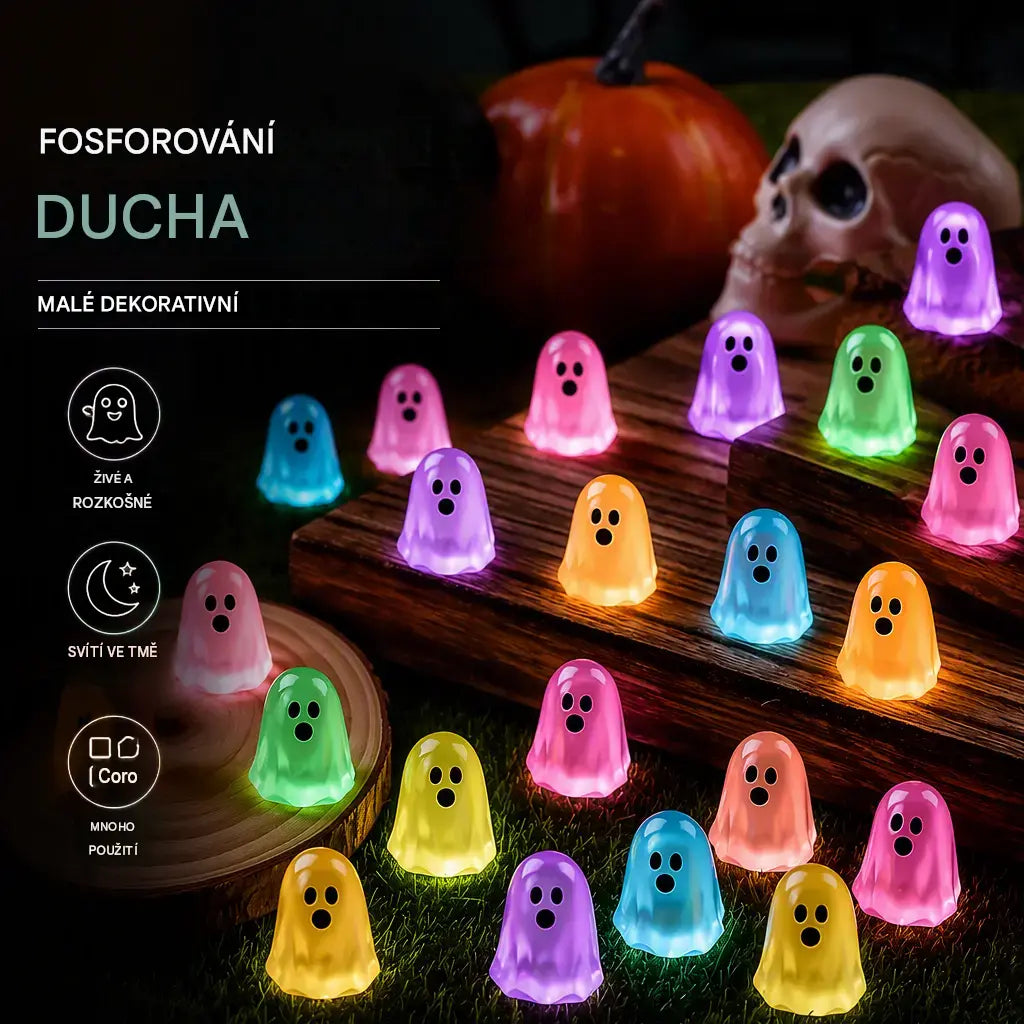 💥 Sleva 50 %! 👻 Figurky duchů svítící ve tmě – 60 kusů v balení. Roztomilé designy, vyrobené z netoxické pryskyřice. Ideální pro halloweenské dekorace a večírky.