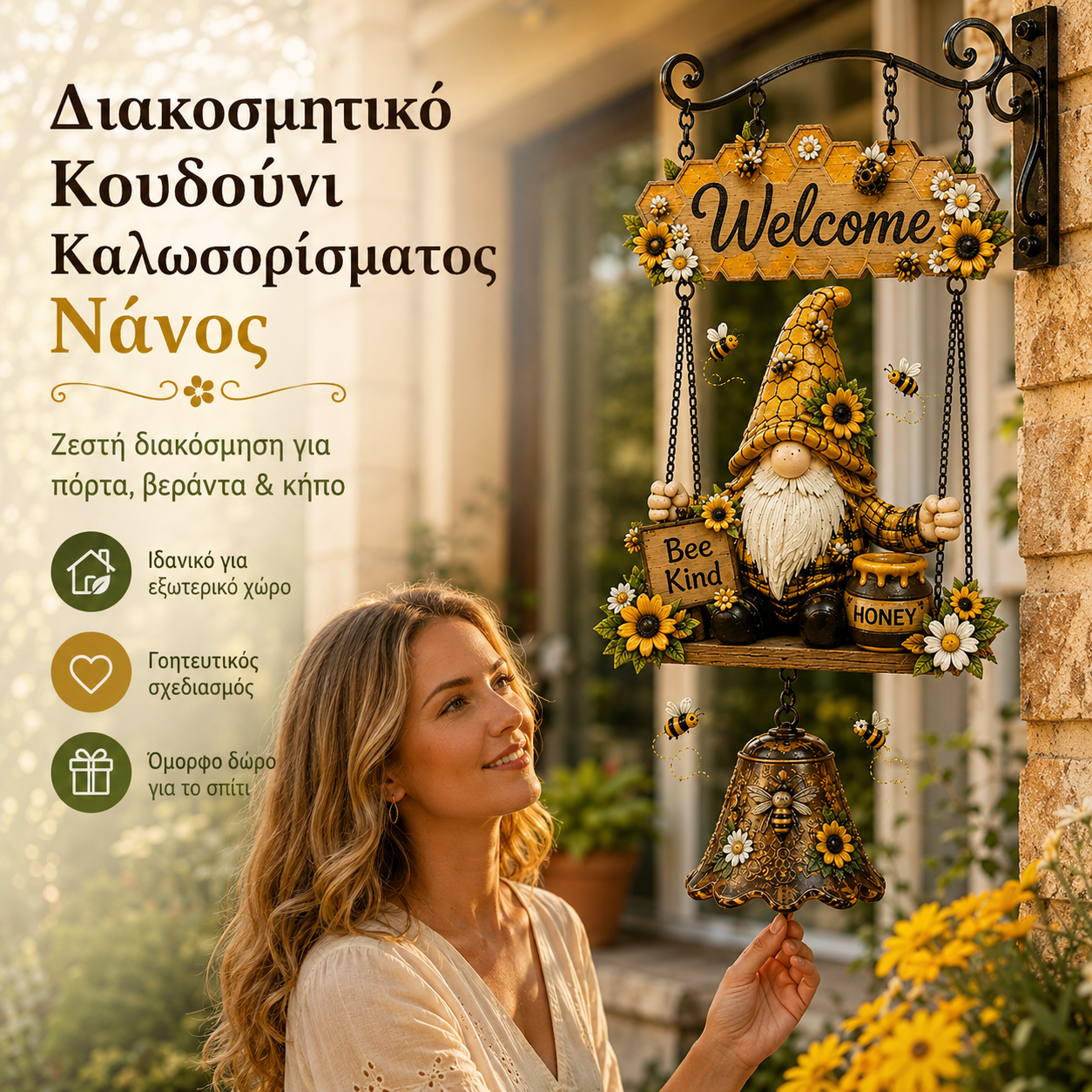 Κουδούνι καλωσορίσματος με νάνο κήπου, πλακέτα "Καλωσορίσματος", ρετρό χάλκινο κουδούνι, σιδερένια βάση τοίχου, διακόσμηση αυλής και βεράντας