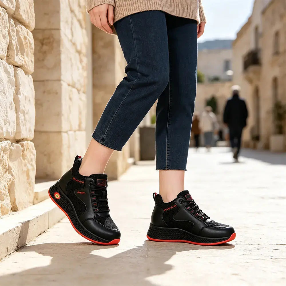【35-41】👟Dámské černé kožené pracovní boty na ploché nošení - protiskluzové, polstrované - prodyšné, lehké a pohodlné