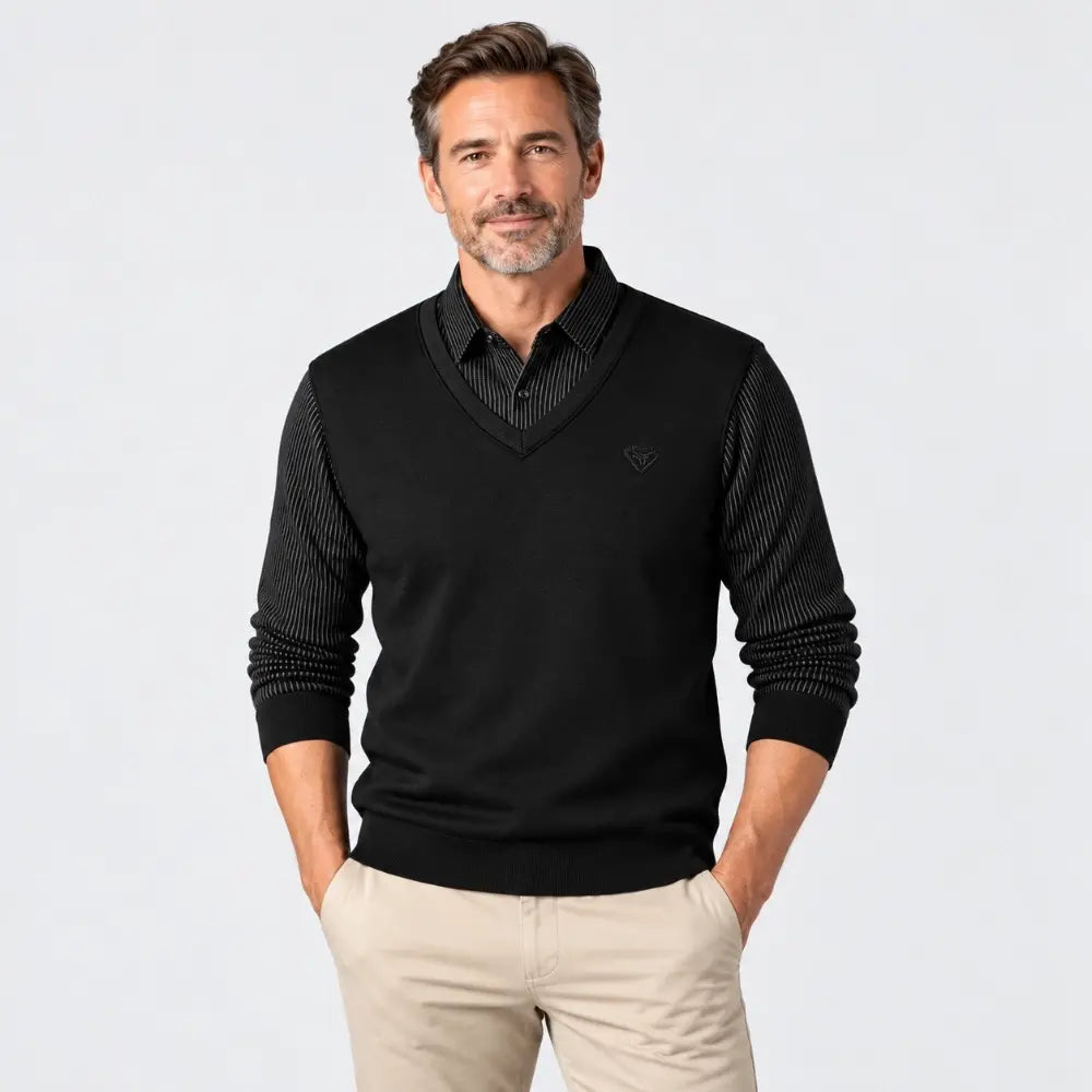 🧥✨【M–4XL】Pánský zateplený svetr s límcem košile – elegantní design 2 v 1 pro podzim a zimu.