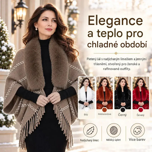 Pletené pončo s kožešinovým límcem a střapci 🧣 Elegantní, hřejivý přehoz pro ženy (podzim/zima) ❄️ Univerzální a pohodlný kousek volnějšího střihu, který lichotí postavě ✨