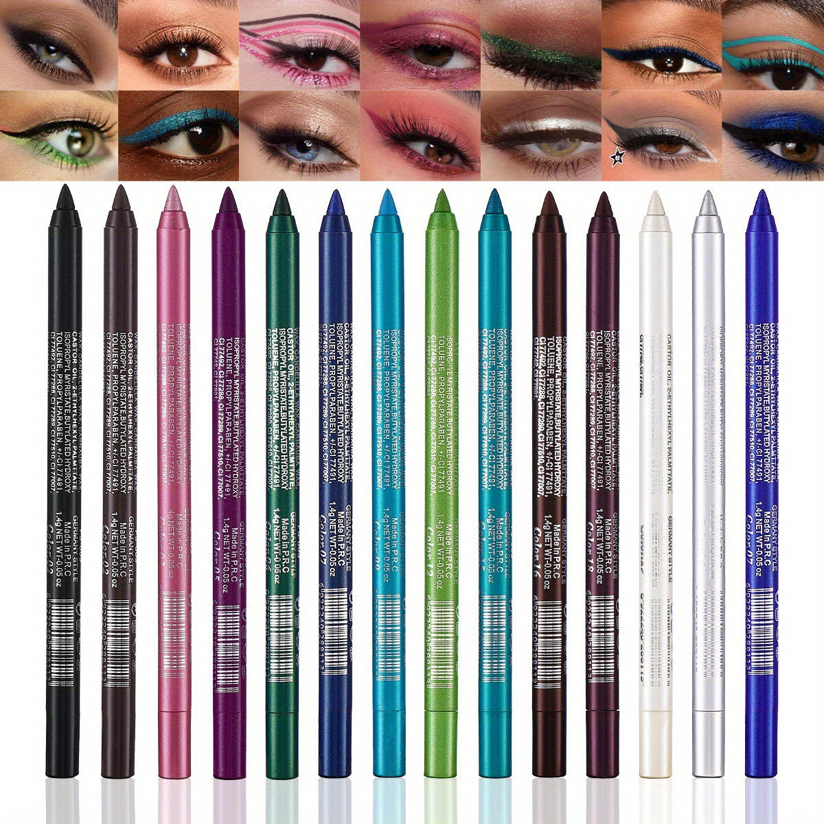 ✨Σετ 14 τεμαχίων αδιάβροχο χρωματιστό eyeliner με μεταλλικά και περλέ εφέ, ανθεκτικό στο μουτζούρωμα.