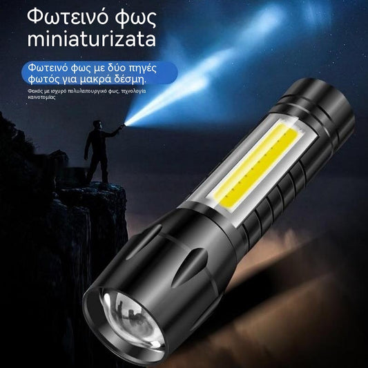 [2-Pack] Μίνι φακός LED υψηλής ισχύος από κράμα αλουμινίου με ρυθμιζόμενο ζουμ, πλευρικό φως COB και επαναφορτιζόμενη θύρα USB