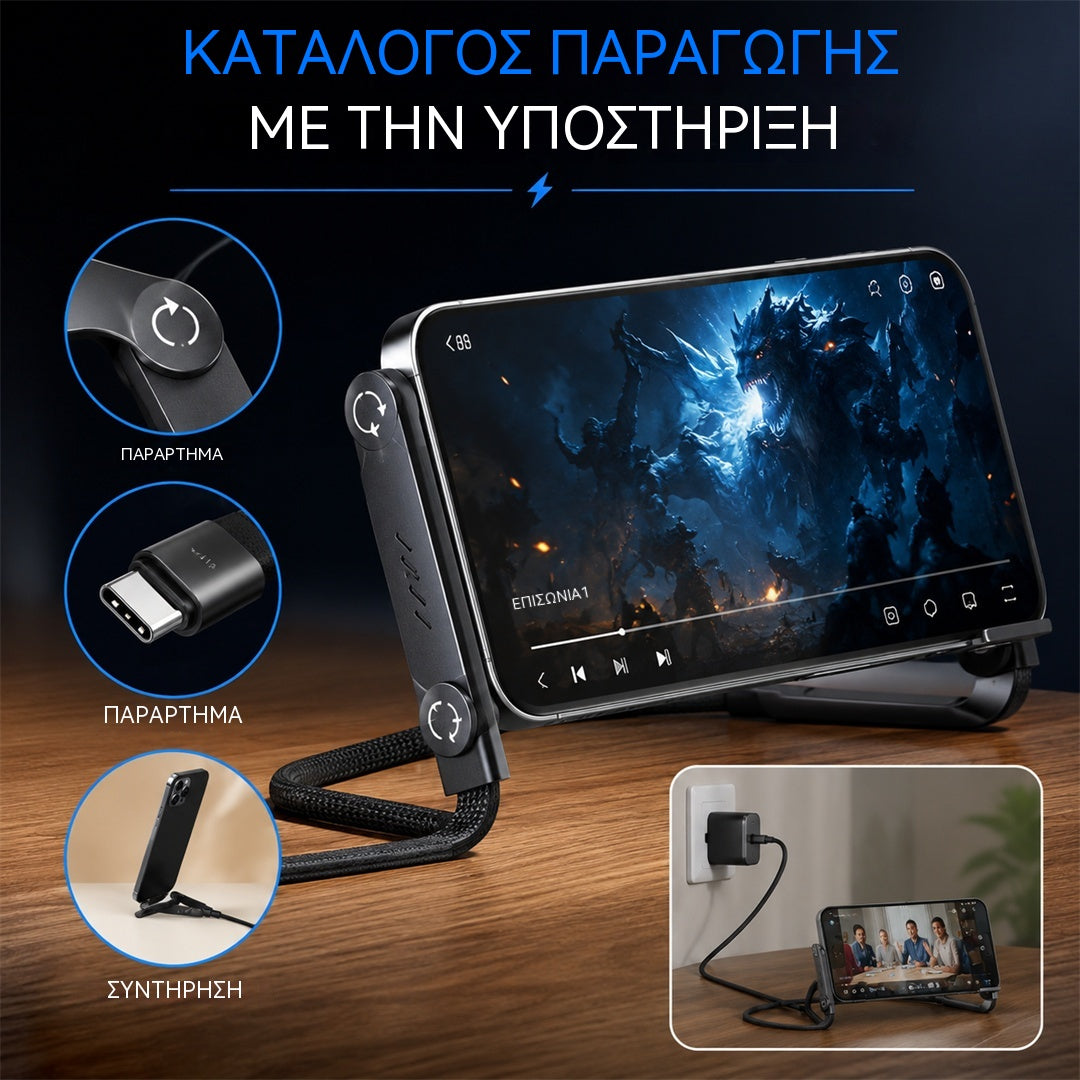 🔥⚡Καλώδιο γρήγορης φόρτισης 2 σε 1 240W 1,5 μ. με ρυθμιζόμενη βάση τηλεφώνου🔋