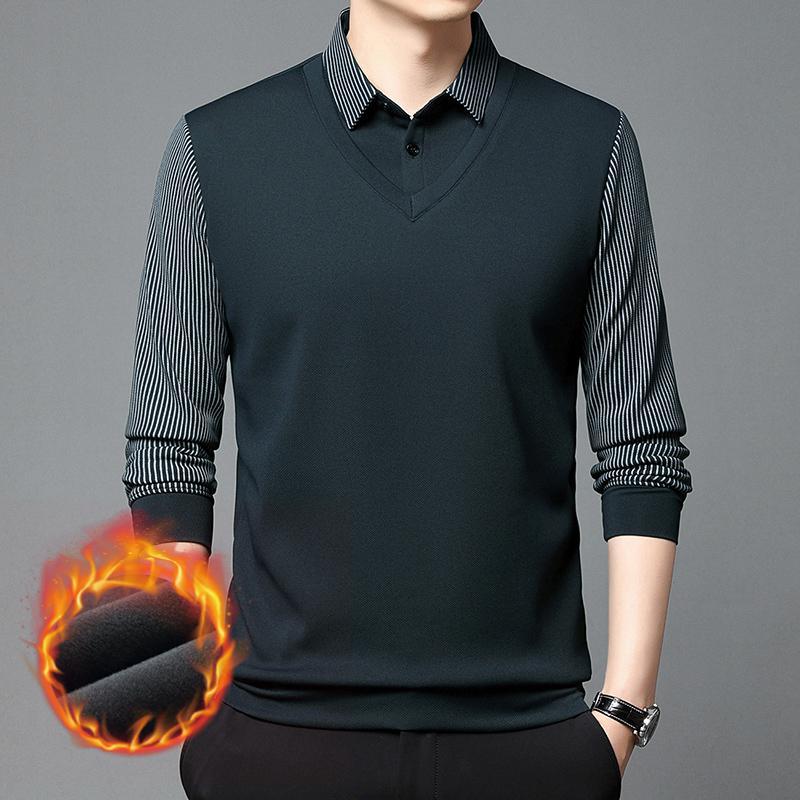 👔【M-4XL】Pánske tričko s dlhým rukávom a golierom polo – dvojvrstvový efekt, zimné, zateplené, hrubé, business-casual, teplé