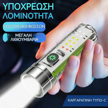👍👍Συμπαγής φακός υψηλής έντασης με πολυλειτουργικό πλευρικό φως, γρήγορη φόρτιση Type-C, φορητότητα και εξαιρετικά μεγάλη διάρκεια ζωής μπαταρίας.