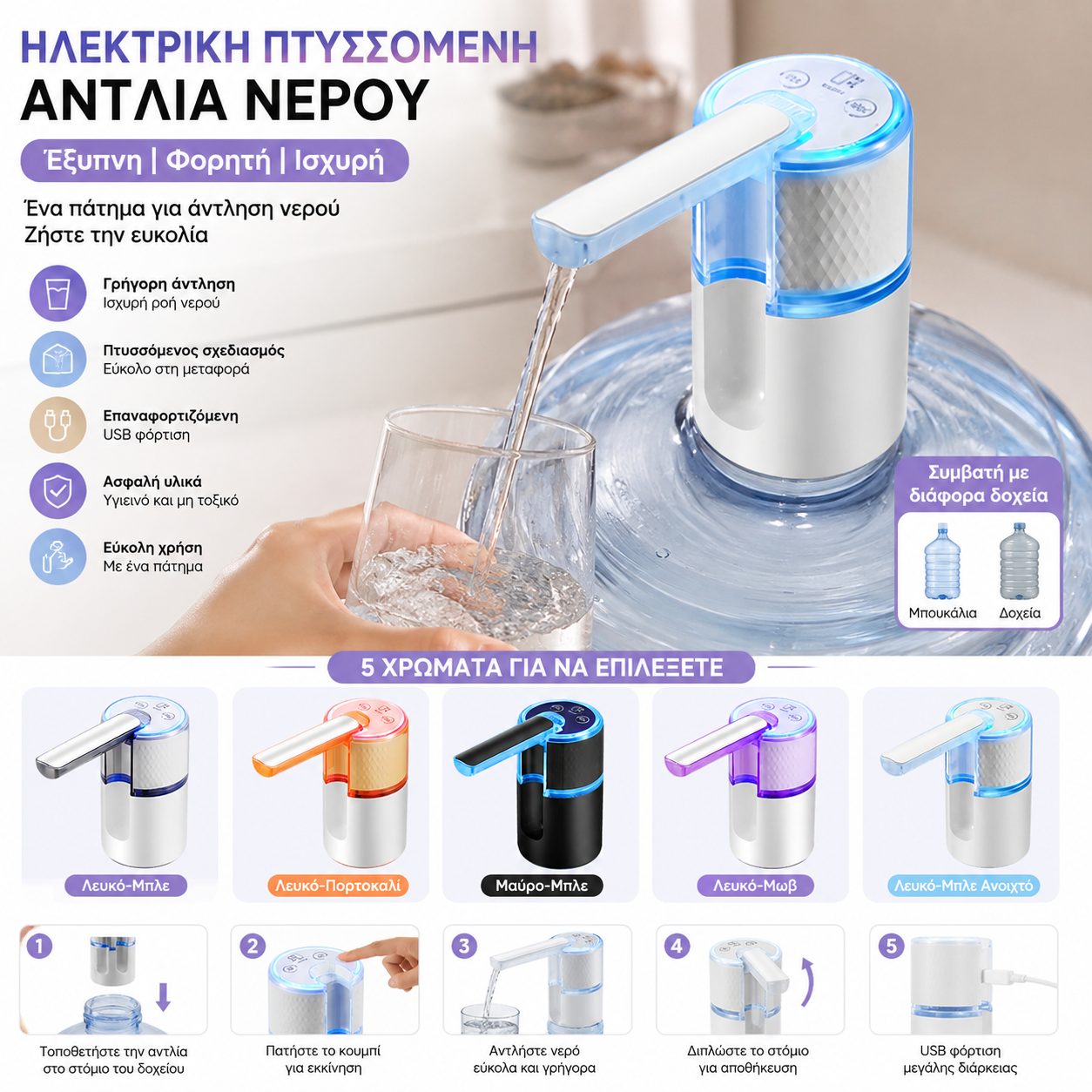 ✨💦 Πτυσσόμενος ηλεκτρικός διανομέας νερού – Φορητή αντλία μεταφοράς νερού με σύνδεση USB, κατάλληλη για δοχεία χωρητικότητας 2-5 γαλόνια, για κάμπινγκ και οικιακή χρήση