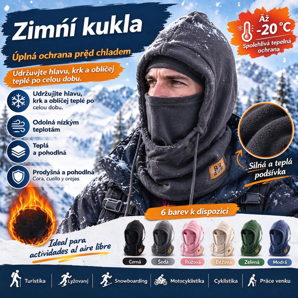 ❄️ Integrální zateplená čepice s fleecovou podšívkou, která vás udrží v teple až do -20 stupňů Celsia. ⛷️ Ideální pro lyžování, jízdu na motorce a outdoorové aktivity.