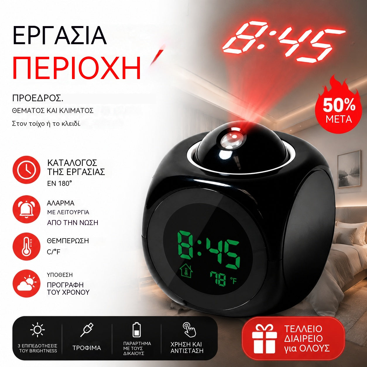 ⏰ Ρολόι με πολυλειτουργικό προβολέα — ώρα, ξυπνητήρι, θερμοκρασία και καιρός στον τοίχο ή την οροφή σας
