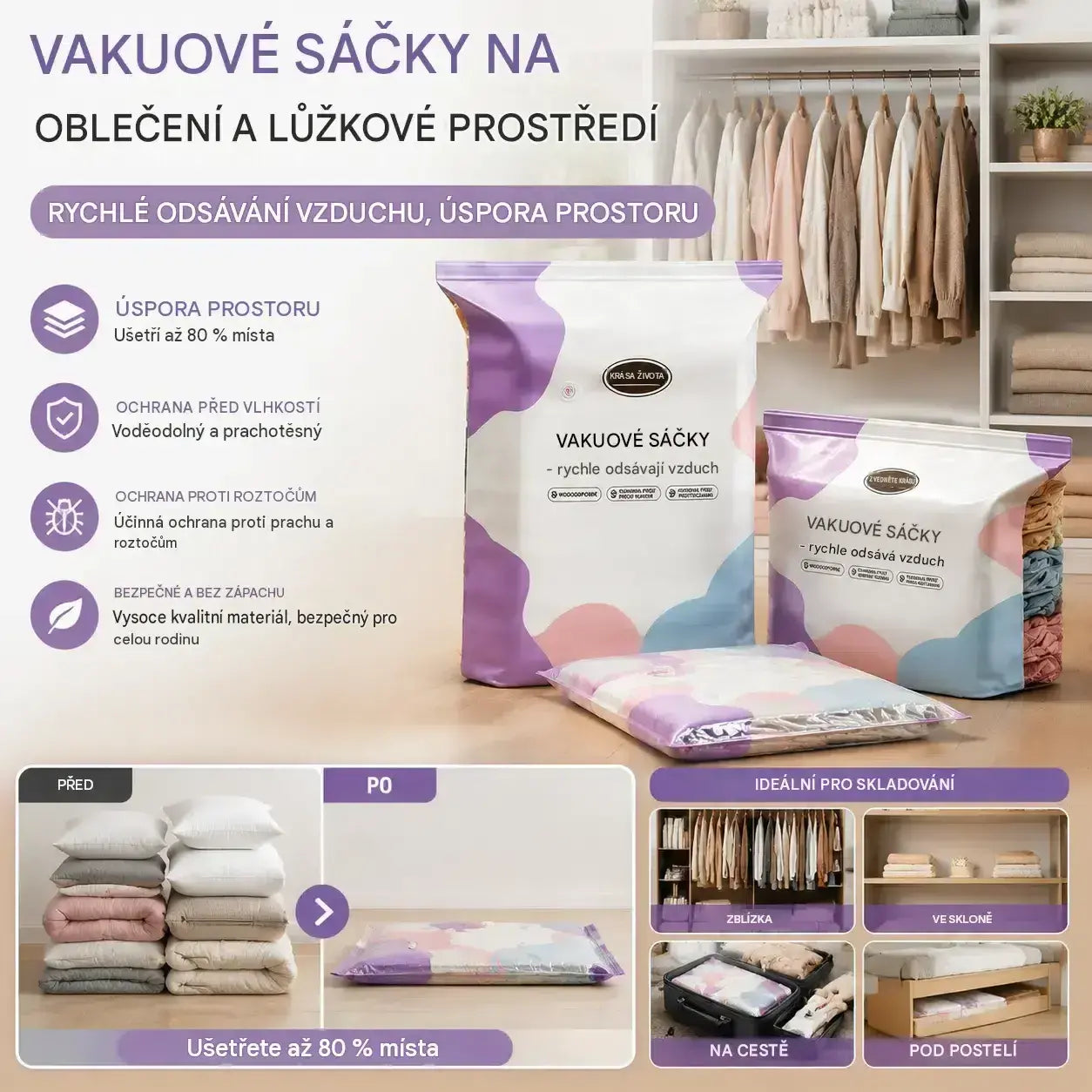 🧳5 kusy 600 Kč  💨 Veľké, flexibilné vákuové úložné vrecká: Nie je potrebné žiadne vzduchové čerpadlo, nepriepustné, ideálne na úsporu miesta v kufri a doma ✈️
