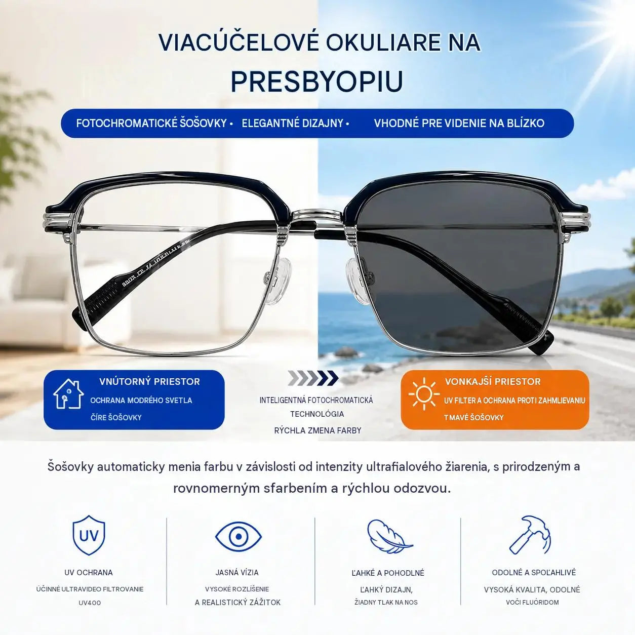 Fotochromatické okuliare na čítanie s blokovaním modrého svetla, unisex okuliare na čítanie, slnečné okuliare s ochranou pred slnkom