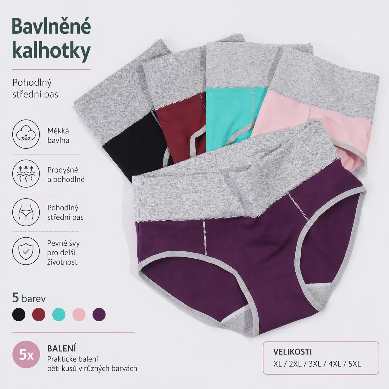 🩲【40 kg–110 kg】Pětidílná sada💕Čistě bavlněné antibakteriální spodní prádlo s vysokým pasem a absorpcí vlhkosti.