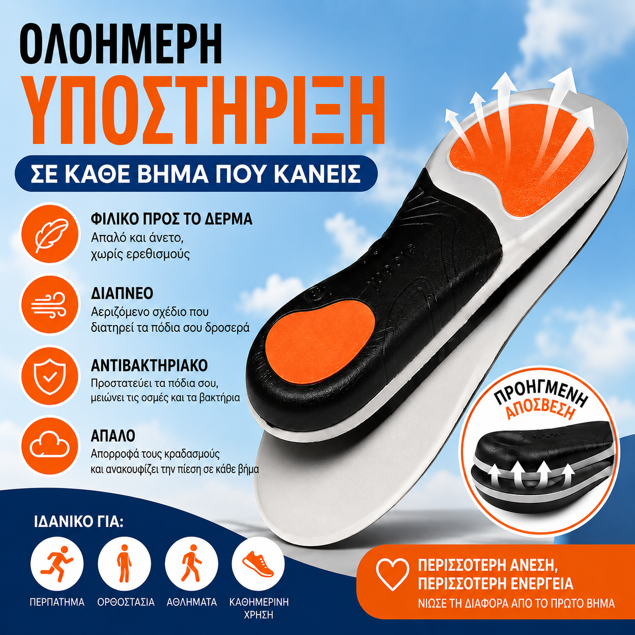 🔥【Αγοράστε 1 και πάρτε 1 δωρεάν】👣⚡ Ορθοπεδικοί αθλητικοί πάτοι με στήριξη καμάρας – Απόλυτη αντικραδασμική προστασία και μέγιστη άνεση