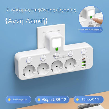 🔌Υποδοχή USB-C με διακόπτη από έναν σε πολλαπλούς, συμβατή με τους ευρωπαϊκούς κανονισμούς, με έξυπνο βύσμα USB και πολύπριζο με καλώδιο επέκτασης τύπου C