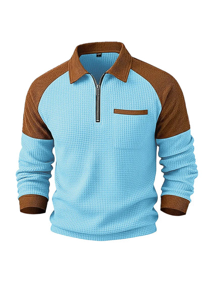 👕✨【1 kus, S–3XL】Pánska waffle mikina s golierom – moderný dizajn s manšestrovými detailmi na ramenách.