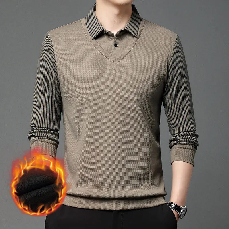 【M-4XL】 👔 Pánské polo tričko s dlouhým rukávem ve stylu „2 v 1“ · Zateplené podšívkou · Elegantní design s klasickým límcem a pruhovanými rukávy · Vhodné pro běžné nošení i do práce!