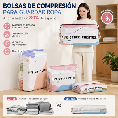 👕📦【5 piezas】Bolsas de compresión para guardar ropa, no requieren vacío, diseño reforzado.