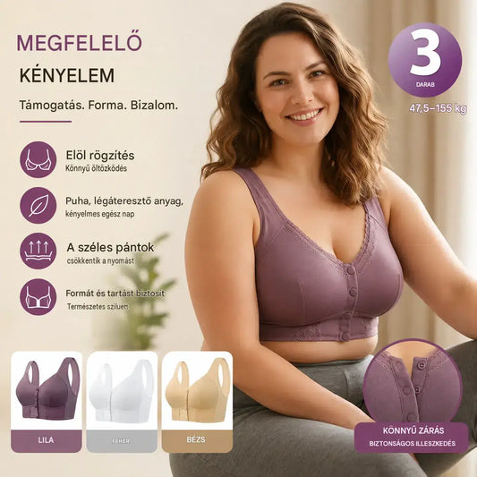 (3 db)💕🎁【45kg-155kg】Nagyméretű, légáteresztő, puha pamut melltartó elöl gombokkal