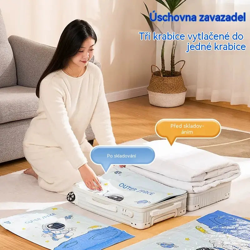 🧳【5dílná sada - 570 Kč 】💨 Velký, stlačitelný vakuový úložný sáček: není potřeba pumpička, nepropustný a ideální pro úsporu místa v kufrech i doma ✈️