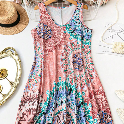 【XL-5XL】🌸Καλοκαιρινές Εκπτώσεις✨ Άνετο καλοκαιρινό φόρεμα χωρίς μανίκια με τύπωμα σε γραμμή Α