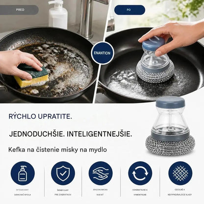 🧽 Čistiaca kefa s dávkovačom, LIMITOVANÁ PONUKA! 💪 Ideálne na hrnce, panvice a riad. Rýchle a jednoduché čistenie bez námahy! 🍳