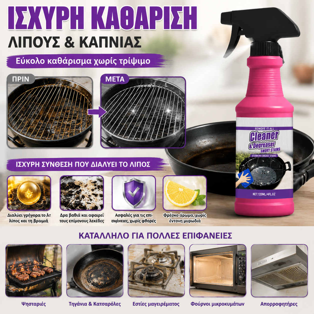 【💥2 τεμάχια για 29 ευρώ】Καθαριστικό σχάρας ψησίματος, καθαριστικό σχάρας ψησίματος και ταψιού για την αφαίρεση καμένων και λιπαρών λεκέδων, διαλύτης για έντονους λεκέδες λαδιού.