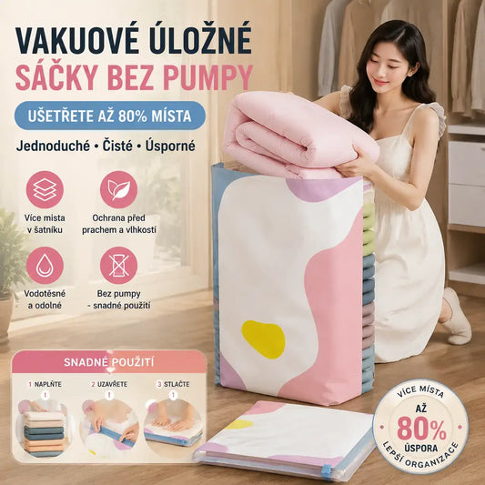 【Sada 5 kusů】 Velký, stlačitelný vakuový úložný sáček: není potřeba pumpička, nepropustný a ideální pro úsporu místa v kufrech i doma