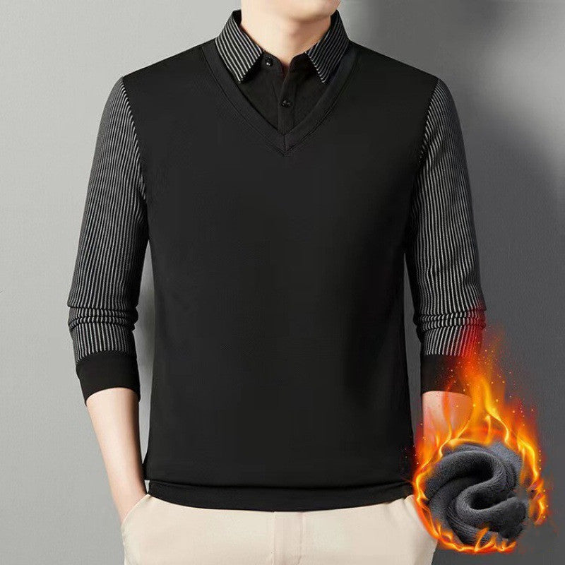 👔【M-4XL】Pánske tričko s dlhým rukávom a golierom polo – dvojvrstvový efekt, zimné, zateplené, hrubé, business-casual, teplé