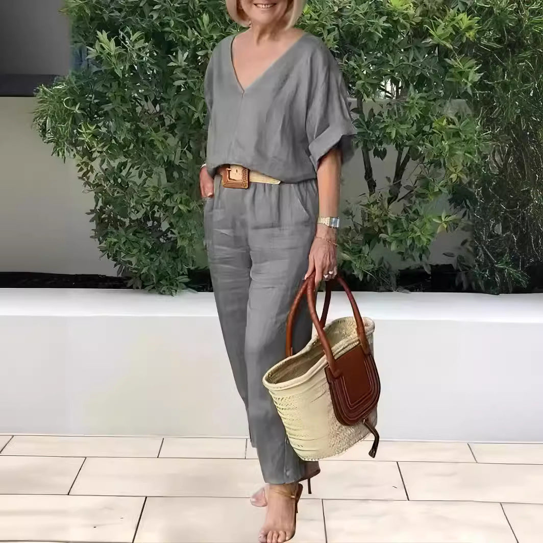 【S-5XL】Elegantný dámsky komplet z ľanu a bavlny: voľná blúza s výstrihom do V a dlhé nohavice, mäkký, priedušný a príjemne chladivý materiál