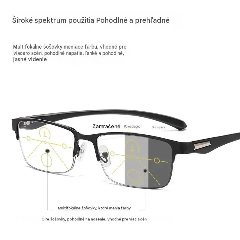 Nové polobezrámové okuliare na čítanie pre ľudí stredného a staršieho veku s funkciou zoomu, multifokálnej, fotosenzitívnej, fotochromatickej funkcie a funkcie blokovania modrého svetla.