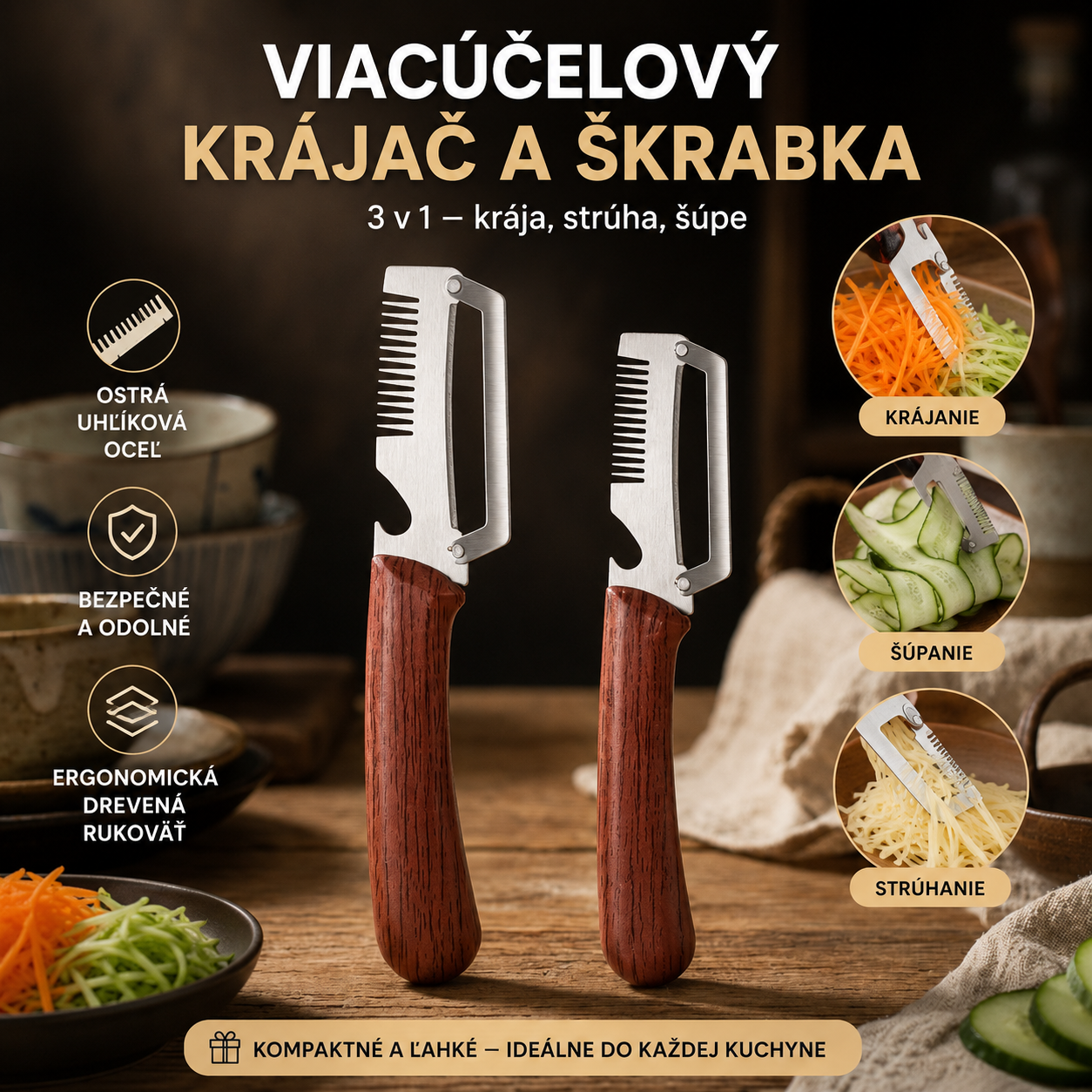 ✅Kúpte 1 a získajte 1 zadarmo (spolu dva kusy)🧅🔪 Multifunkčná kuchynská škrabka 3 v 1: Šúpe, seká a otvára fľaše! 🔥