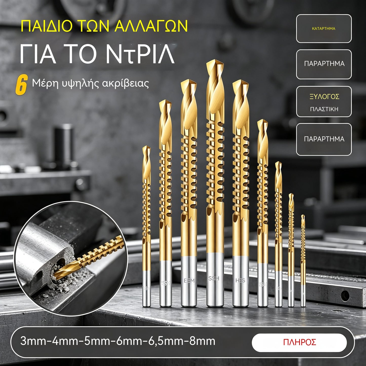 【3+4+5+6+6,5+8 mm】28 ευρώ⚙️ Σετ τρυπανιών: Χάλυβας υψηλής ταχύτητας, με επίστρωση τιτανίου και συμβατό με πολλά υλικά 🧰