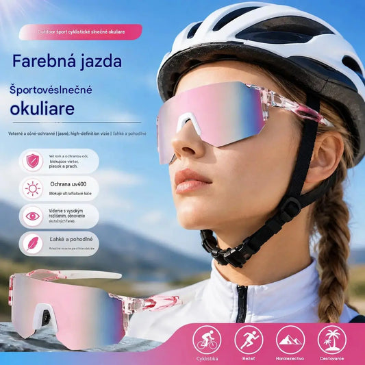 Športové okuliare s veľkým rámom a UV ochranou.